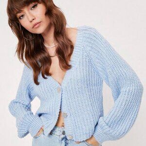 Nasty Gal Sky Cropped Blue Knit Button-Up Cardigan Sweater